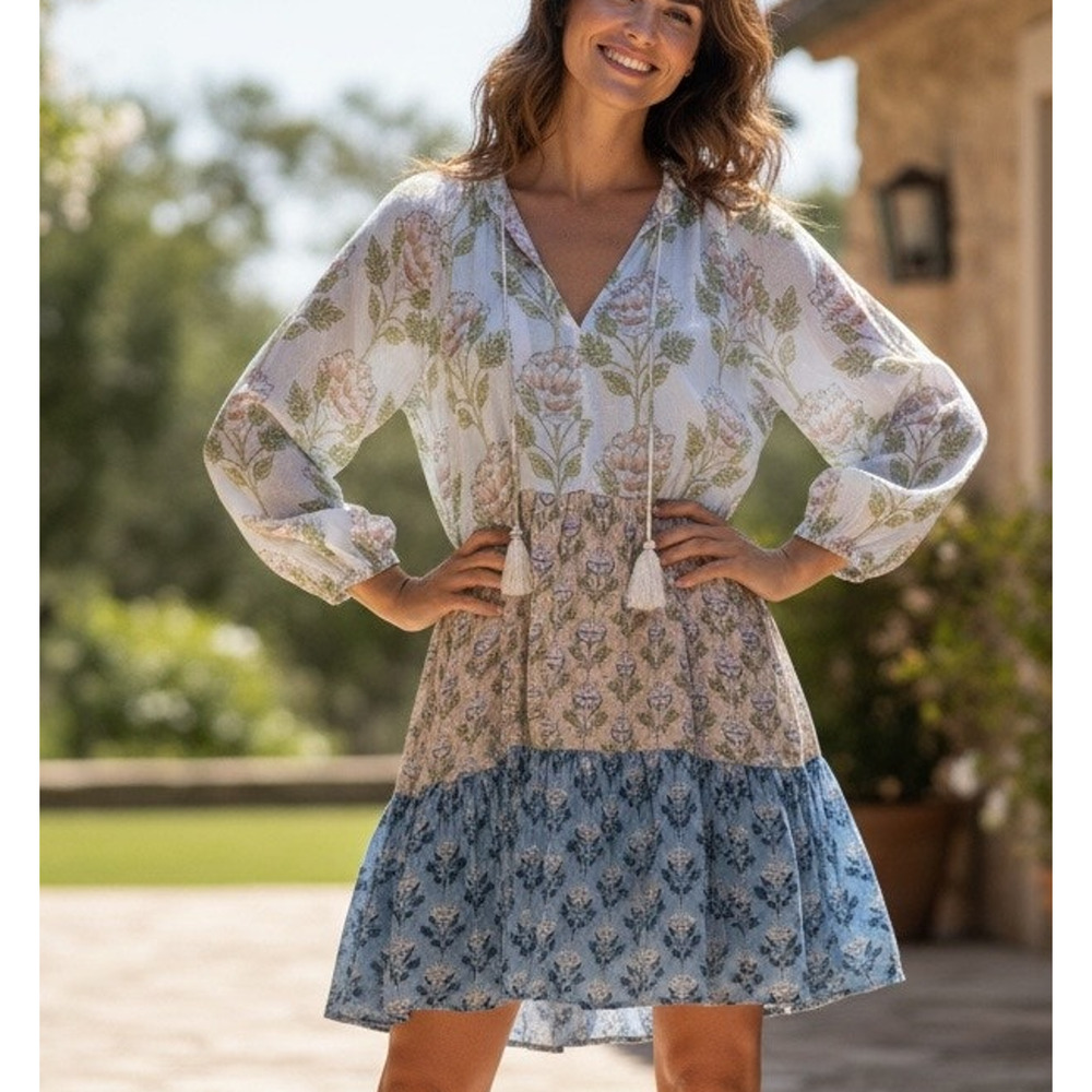 Roller Rabbit Calico Babydoll Mini Dress XS Cotton Peasant Tier Ruffle $158